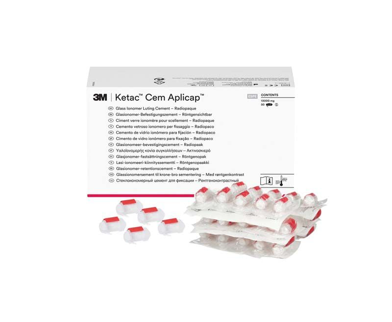 Ketac™ Cem Aplicap™ Refill 50er Verpackung mit Einzelkapseln in weiß-rot.