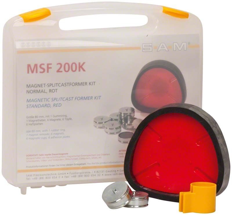 Magnet-Splitcastformer Kit mit rotem Sockel und Zubehör in Kunststoffbox.