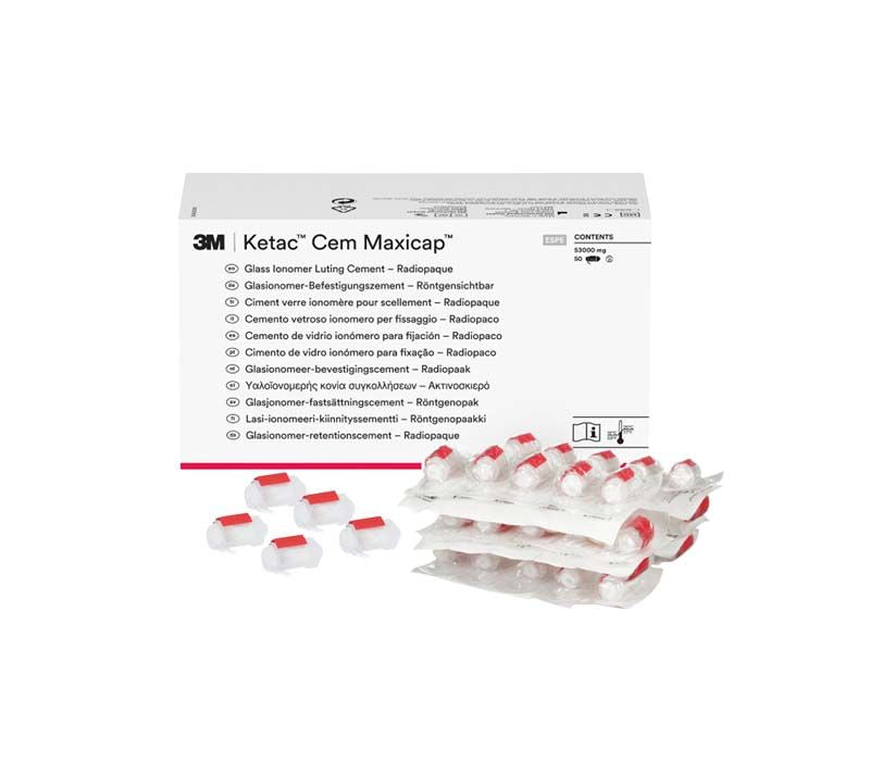 Ketac™ Cem Maxicap Refill 50er Verpackung mit Einzelkapseln.