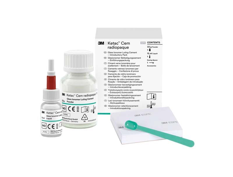 3M™ Ketac™ Cem radiopaque Intro Kit mit Zementflaschen und Zubehör.