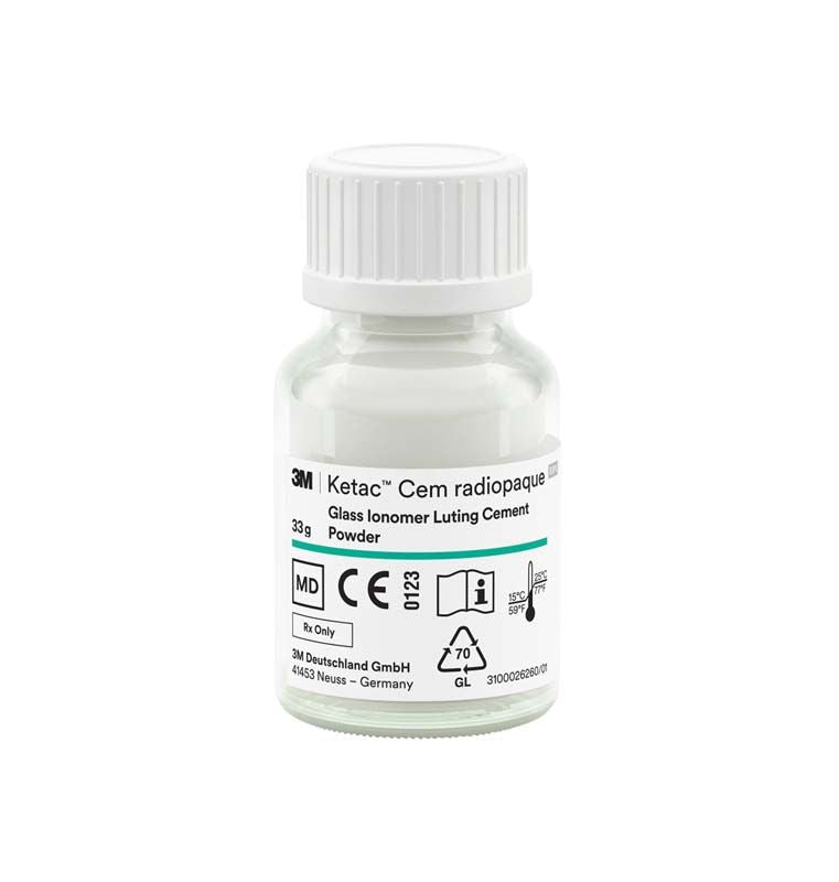 Ketac™ Cem radiopaque Pulverflasche mit Etikett und Dosierungsinformationen.