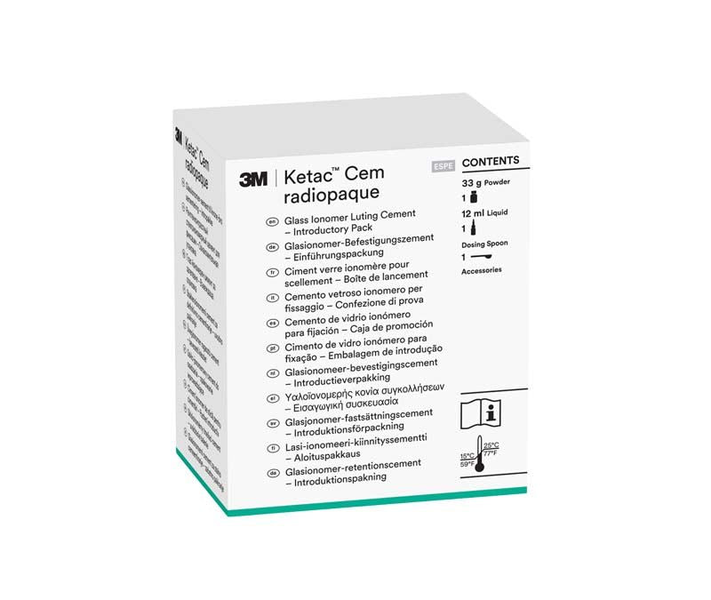 Ketac™ Cem radiopaque Intro Kit Verpackung mit Inhaltsangaben und Firmenlogo.