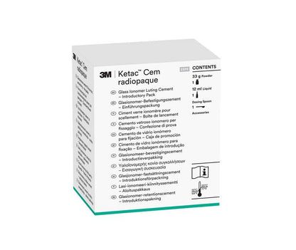 Ketac™ Cem radiopaque Intro Kit Verpackung mit Inhaltsangaben und Firmenlogo.