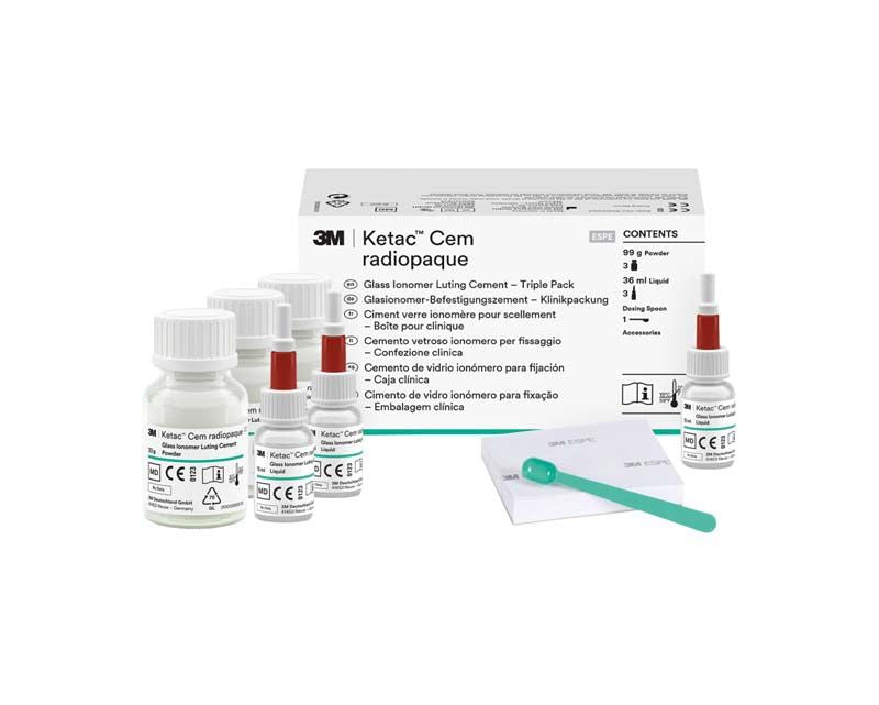 Ketac™ Cem radiopaque Großpackung mit Flaschen, Spatel und Anleitung.