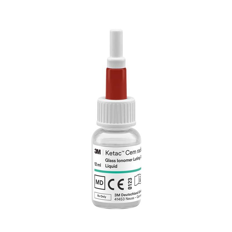 3M™ Ketac™ Cem radiopaque Flasche mit weißem Verschluss und rotem Applikator.