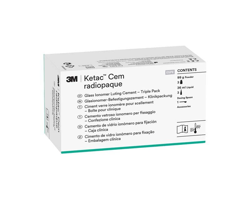 Ketac™ Cem radiopaque Großpackung mit Inhaltsangabe und Produktinformationen auf der Verpackung.