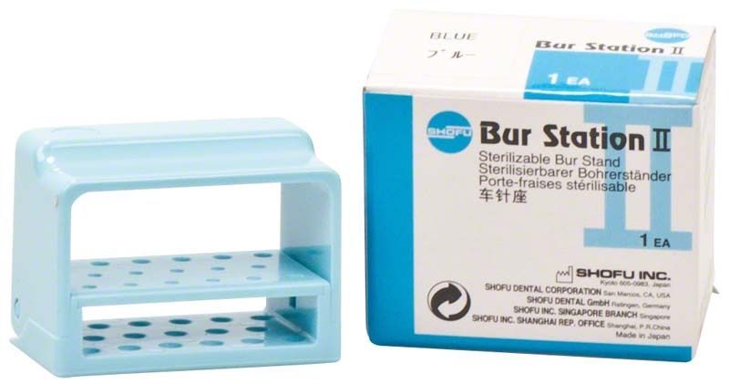 Bohrerständer Bur Station II in Blau mit Verpackung.