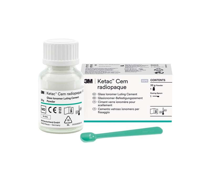 Ketac™ Cem radiopaque Pulverflasche und Verpackung mit Dosierlöffel.