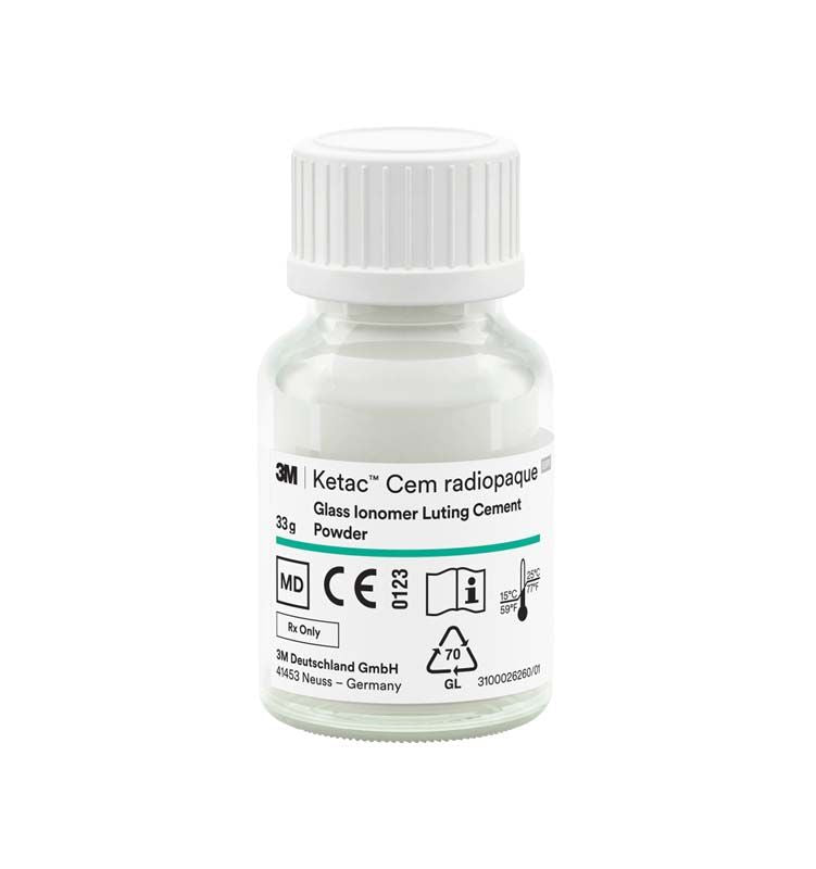 Flasche Ketac™ Cem radiopaque Glasionomerzement mit Etikett und Sicherheitsinformationen.