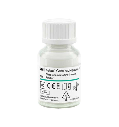 Flasche Ketac™ Cem radiopaque Glasionomerzement mit Etikett und Sicherheitsinformationen.