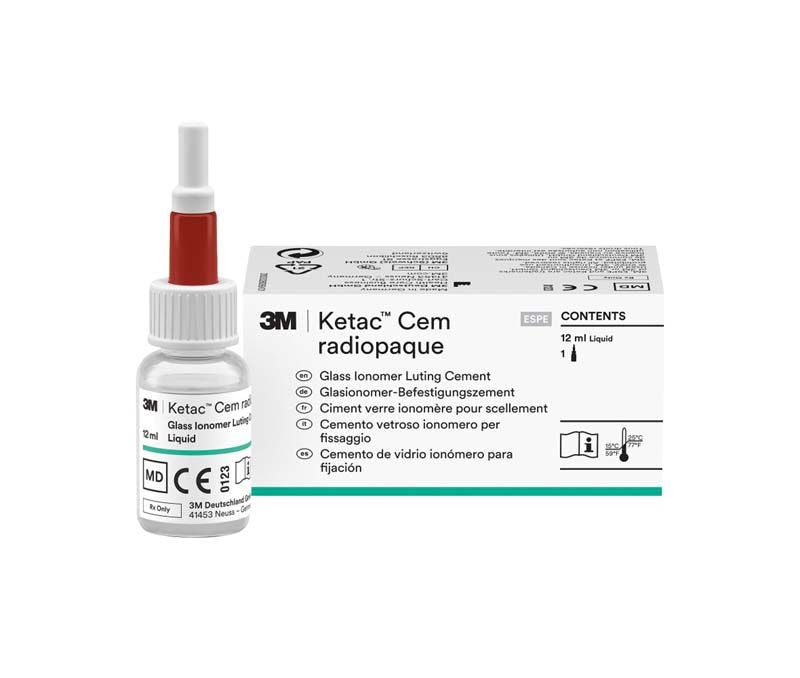 Ketac™ Cem radiopaque Flüssigkeit mit Verpackung, 12 ml Inhalt.