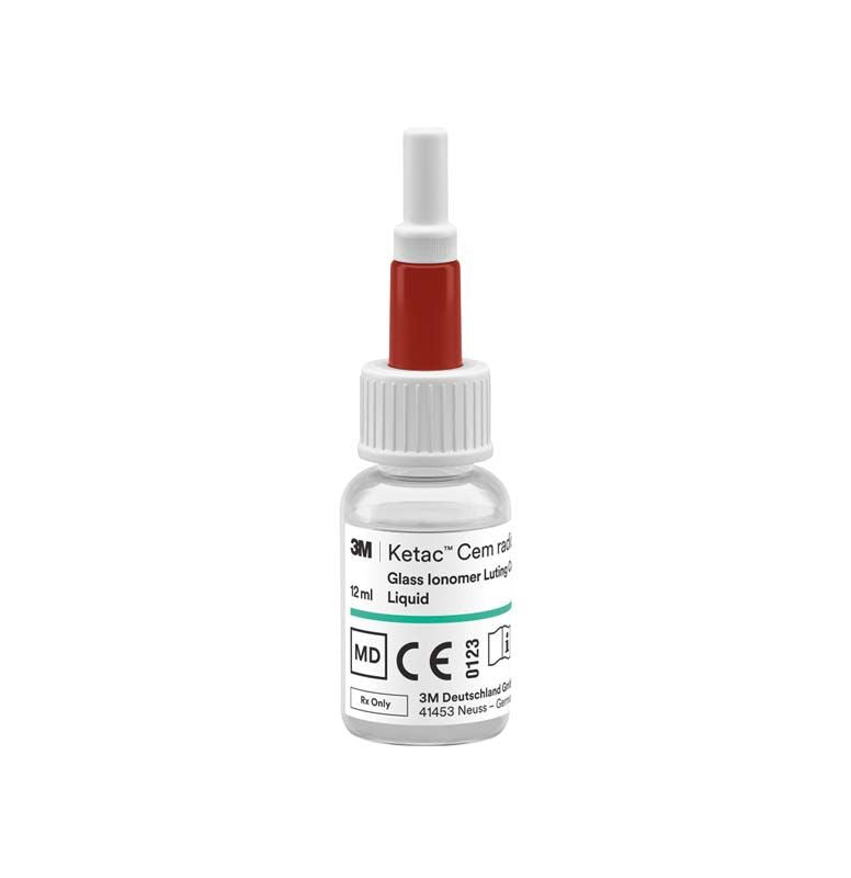 Ketac™ Cem radiopaque Flüssigkeit 12 ml mit roter Kappe und Etikett.