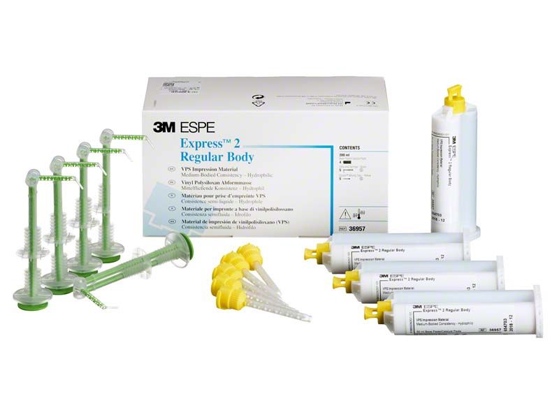 Zahnabdruckmaterial Express 2 Regular Body mit Zubehör und Verpackung.