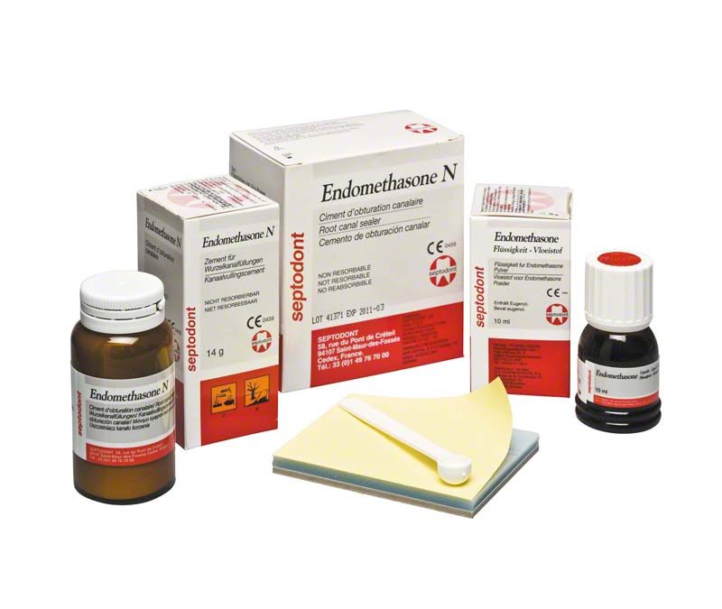 Endomethasone N Set mit Verpackung und Zubehör für Wurzelkanalbehandlung.