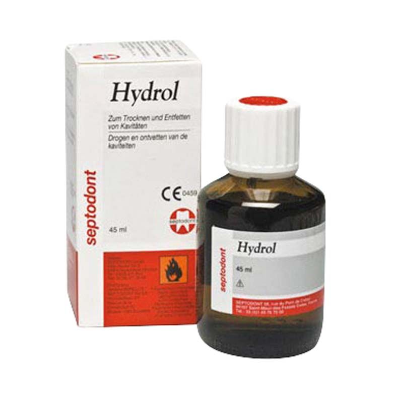 Hydrol Kavitätenreiniger-Flasche vor Verpackung mit Produktinformationen.