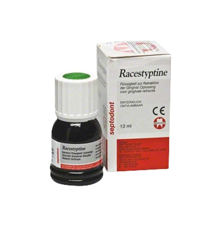 Racestyptine Flüssigkeit zur Gingivaretraktion, 13 ml Flasche neben Verpackung.