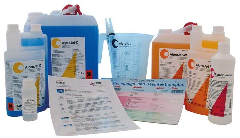AlproJet-D Starterset mit Desinfektionslösungen und Gebrauchsanweisung.