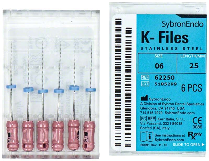 SybronEndo K-Feilen 25mm ISO 006 mit ISO-Farbcodierung in Verpackung.