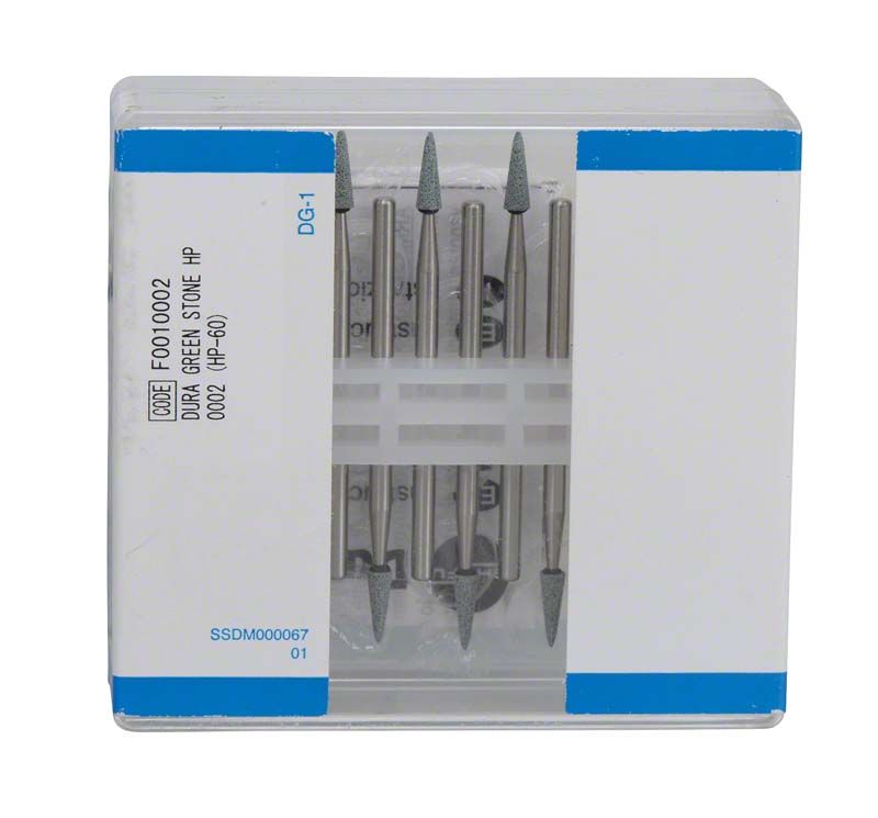 Keramische Schleifsteine Dura-Green® HP CN1 in Kunststoffverpackung, 12 Stück sichtbar.