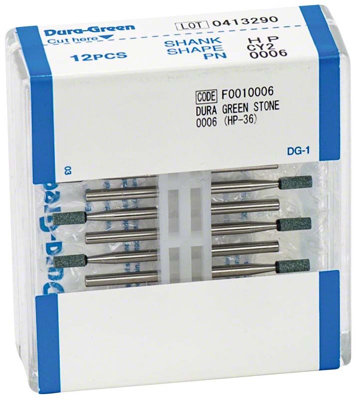 Verpackung mit zwölf grünen Dura-Green® HP CY2 Schleifsteinen.