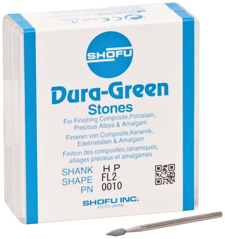 Verpackung der Dura-Green® HP FL2 Schleifsteine mit 12 Stück und einem Schleifstein vorne.