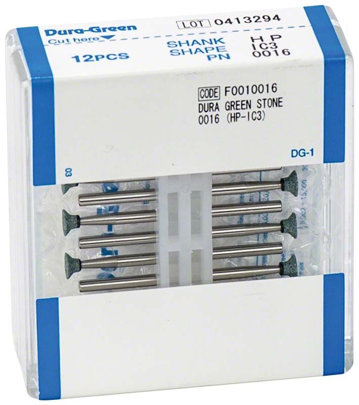 Dura-Green® Schleifsteine HP IC3, 12 Stück in transparenter Verpackung.