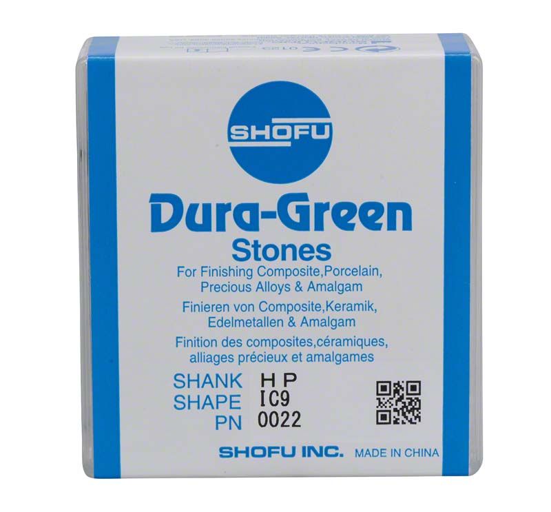 Verpackung der Dura-Green® Schleifsteine mit Produktspezifikationen in Blau.