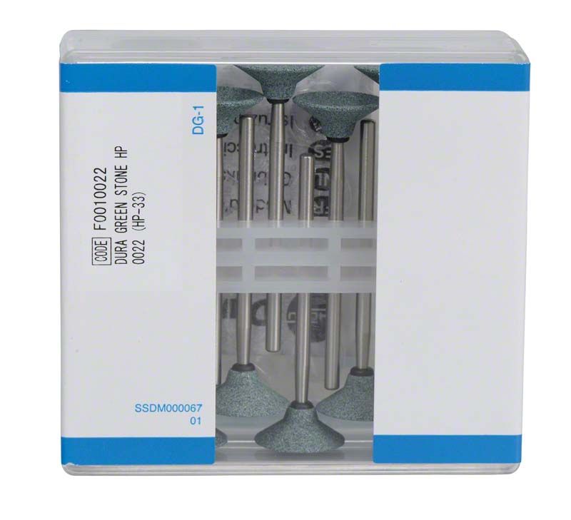 Dura-Green® Schleifsteine in transparenter Verpackung, 12 Stück, mit blauen Details.