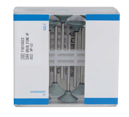 Dura-Green® Schleifsteine in transparenter Verpackung, 12 Stück, mit blauen Details.