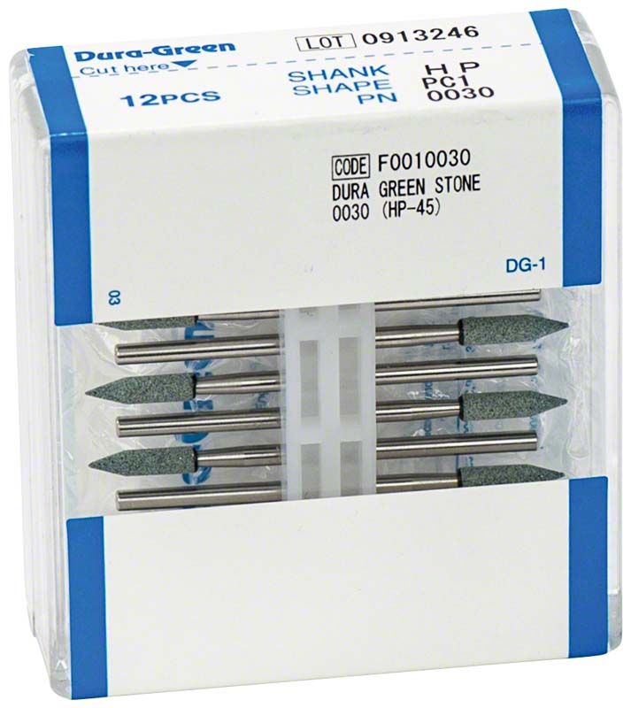 Verpackung mit 12 Dura-Green-Schleifsteinen für Dentalhandstücke.