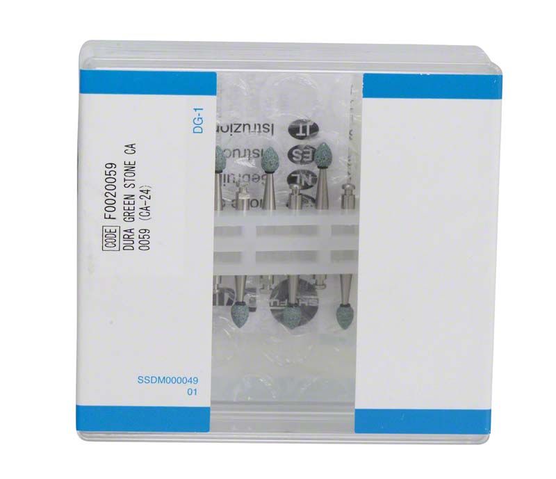 Dura-Green® RA FL1 Schleifsteine in transparenter Aufbewahrungsbox mit blauen Akzenten.