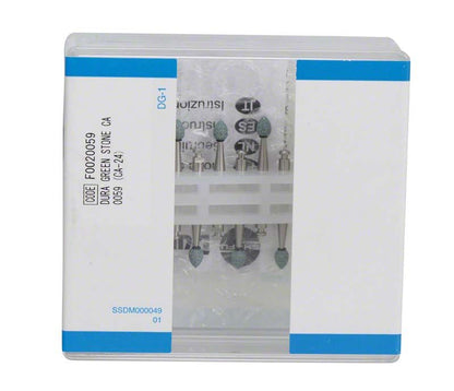 Dura-Green® RA FL1 Schleifsteine in transparenter Aufbewahrungsbox mit blauen Akzenten.