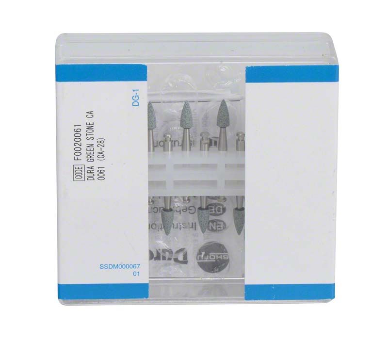 Transparente Verpackung mit Dura-Green-Steinen und blauer Beschriftung.