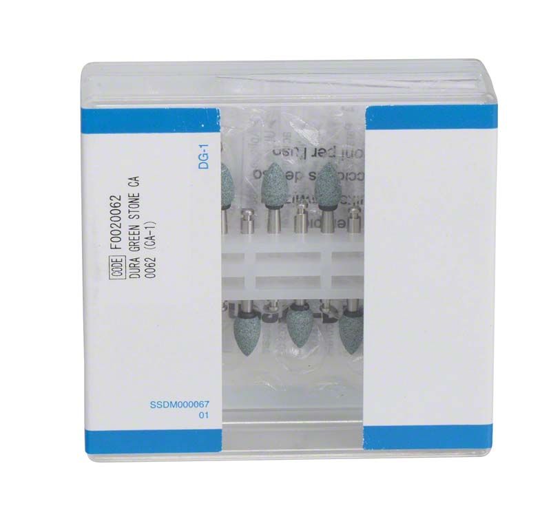 Dura-Green® RA FL4 Schleifsteine in Kunststoffverpackung, Nahaufnahme.