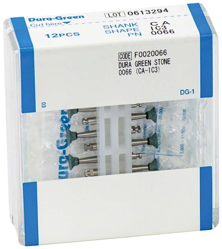 Verpackung mit 12 Dura-Green® RA IC3 Schleifsteinen für Zahntechnik