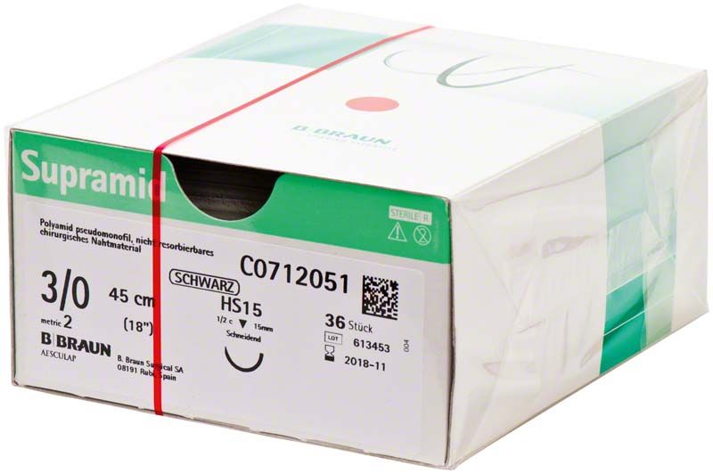 Supramid® 3/0 HS15 chirurgisches Nahtmaterial in Verpackung mit Produktdetails.