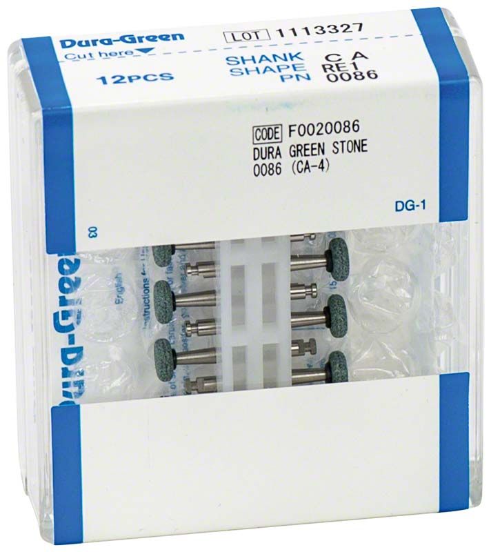 Verpackung von Dura-Green® RA RE1 Schleifsteinen, 12 Stück, mit grünem Kopf.