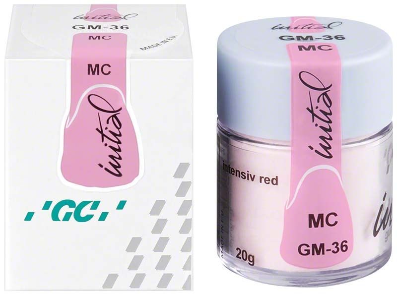 Intensiv rotes Zahntechnik-Material GC Initial MC Gum Shades GM-36 in Verpackung.