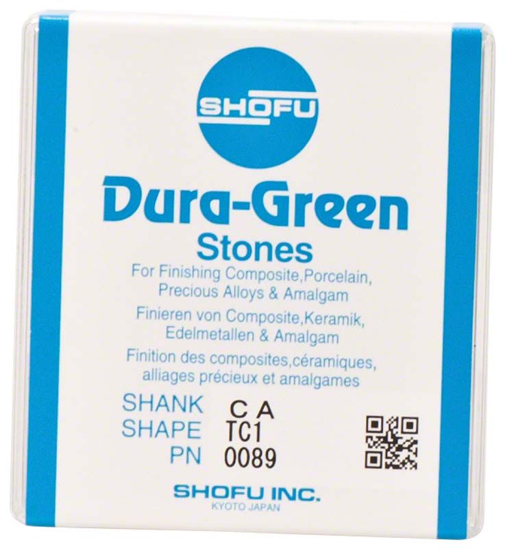Dura-Green® RA TC1 Schleifsteine für Dentalkeramik und Edelmetalle in Verpackung.