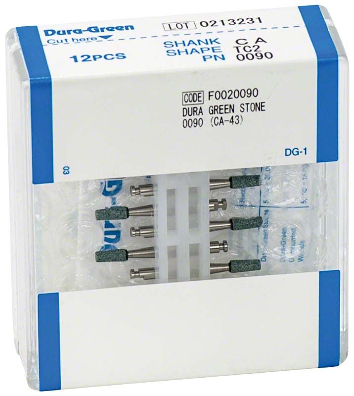 Dura-Green® RA TC2 Schleifsteine in transparenter Verpackung mit Etikettierung.