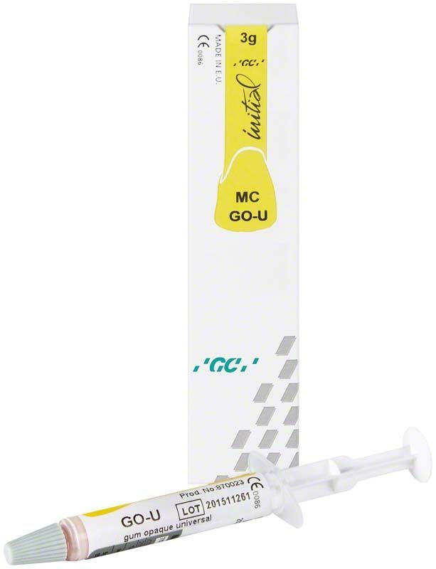 Spritze mit GC Initial MC Paste Opaque Modifier GO-U vor Verpackung.
