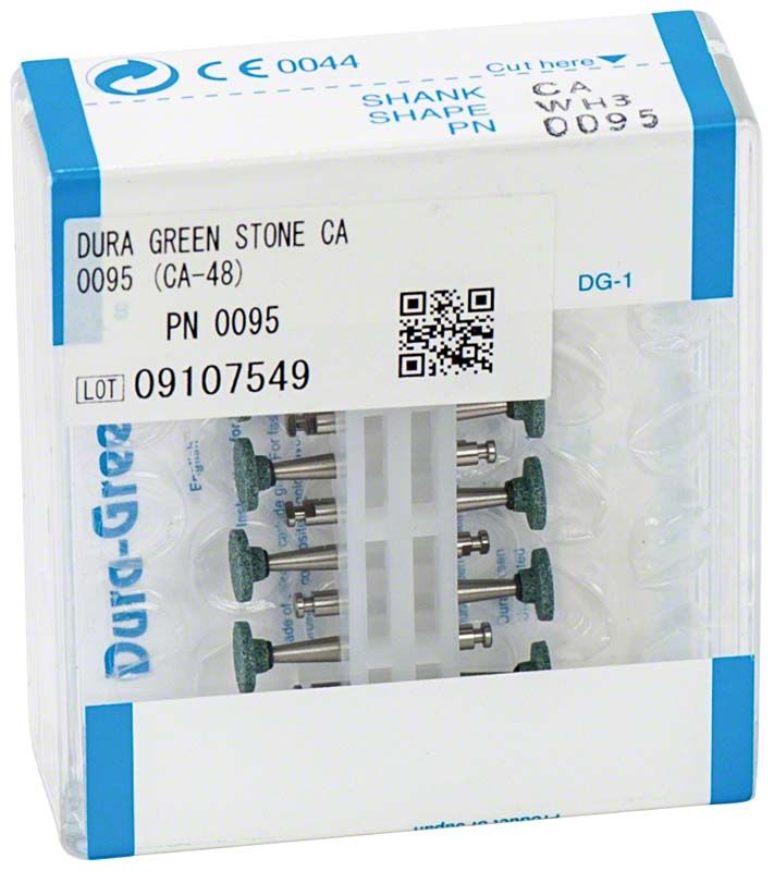 Verpackung von Dura-Green® - RA WH3 Schleifsteinen mit QR-Code und Produktdetails.