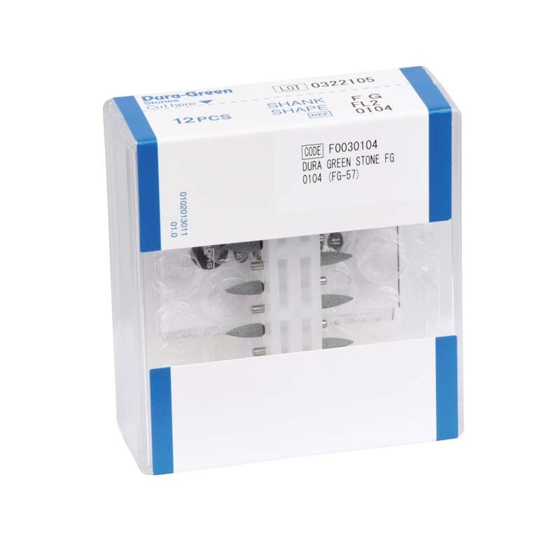 Dura-Green Schleifsteine in transparenter Kunststoffverpackung mit Etikett.