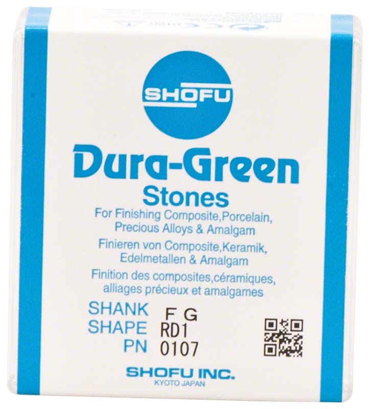 Verpackung der Dura-Green® FG RD1 Schleifsteine mit Produktinformationen.