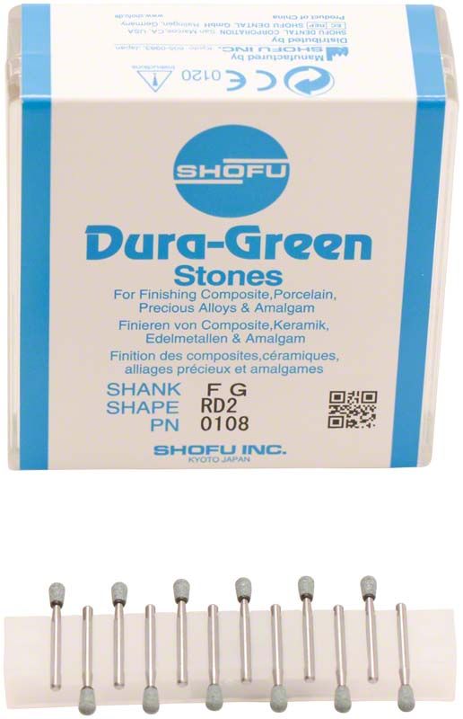Dura-Green FG RD2 Schleifsteine für Zahnmedizin auf weißem Hintergrund.