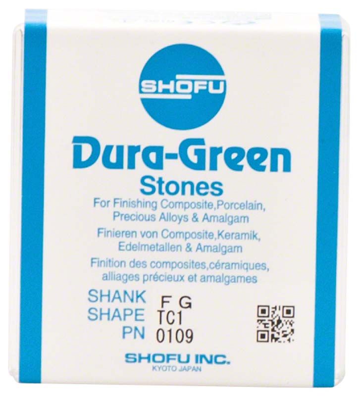 Dura-Green® - FG TC1 Schleifsteine für Dentalanwendungen in weißer Verpackung.