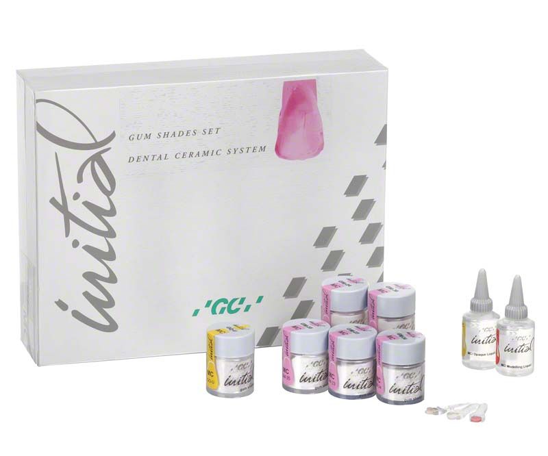 GC Initial MC Sets mit Pulver Opaque Gum Shade Set und Verpackung.