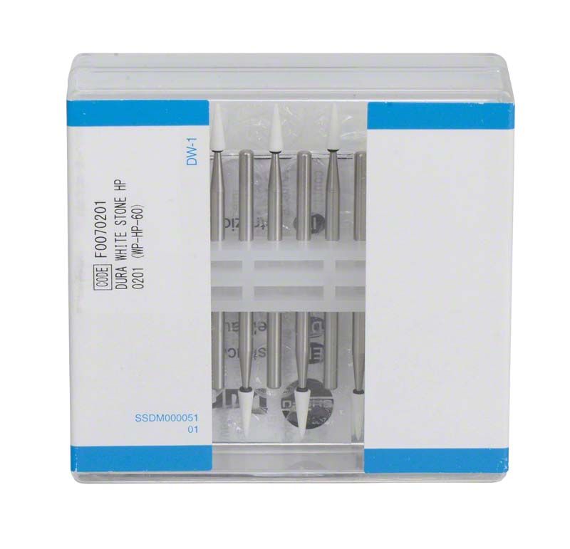 Dura-White® HP CN1 Schleifsteine in durchsichtiger Kunststoffverpackung mit blauem Etikett.