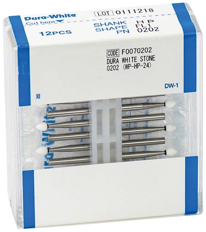 Dura-White® Zahnpoliersteine in Verpackung mit 12 Stück.