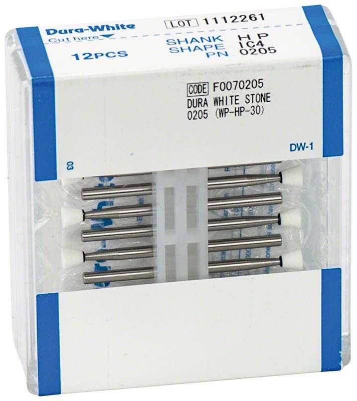 Verpackung mit 12 Dura-White® HP IC4 Schleifsteinen für Dentalanwendungen.